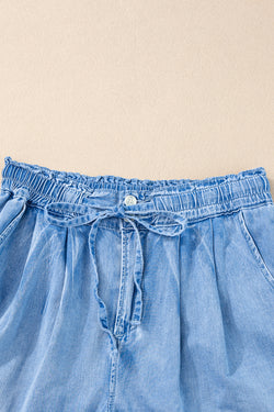 Pantalones pantalones de chambray relajados con cordón de apriete hermoso azul