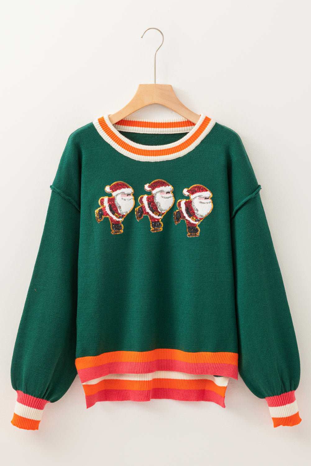 Pull à col rond avec bordure rayée et motif Père Noël scintillant vert noirâtre