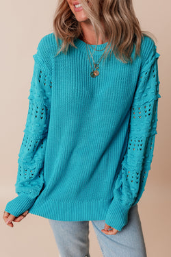 Turquoise bubble sleeve sweater with ruffled eyelets