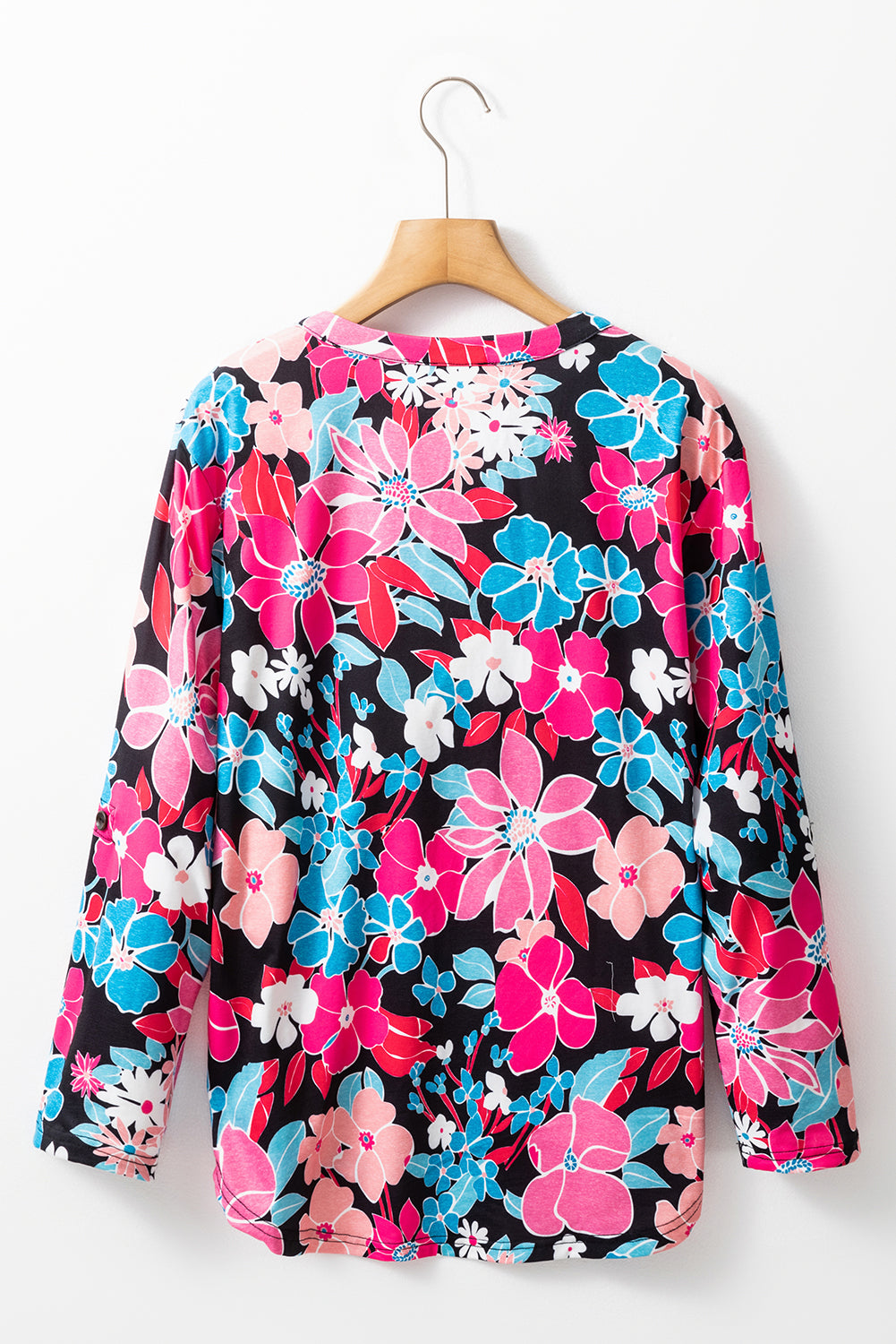 Pink Floral V Neck Roll Tab Sleeve Blouse