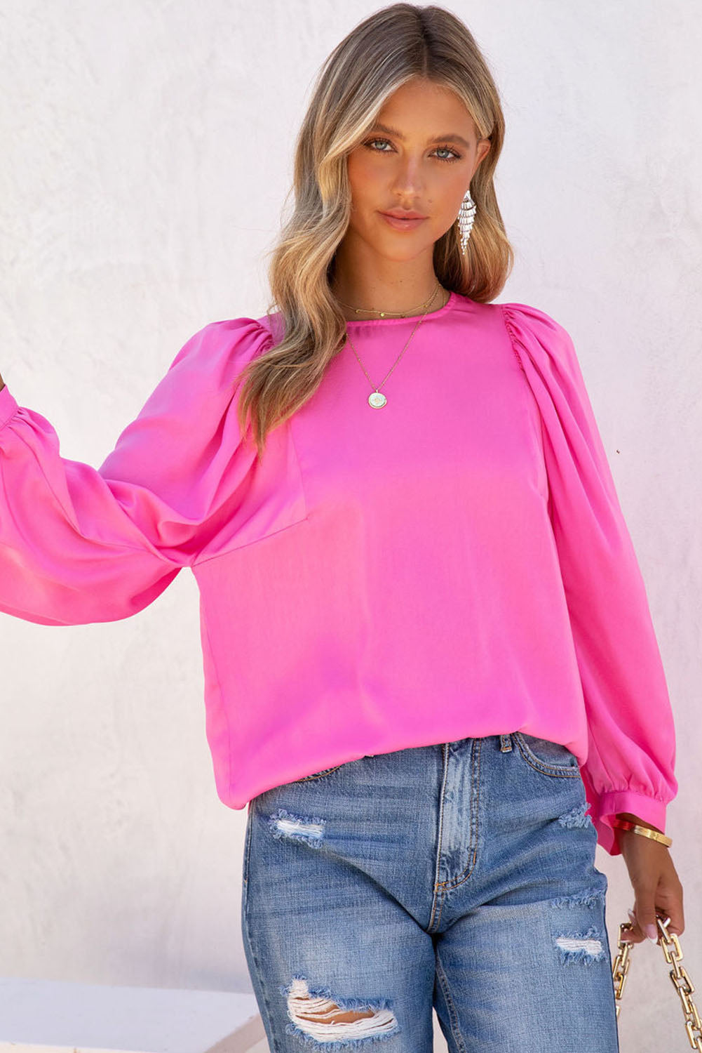 Pink Satin Puff Langarm Crewneck Bluse