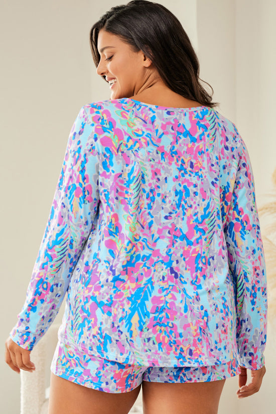 Plus Size Sky Blue Floral Print Long Sleeve Loungewear and Shorts