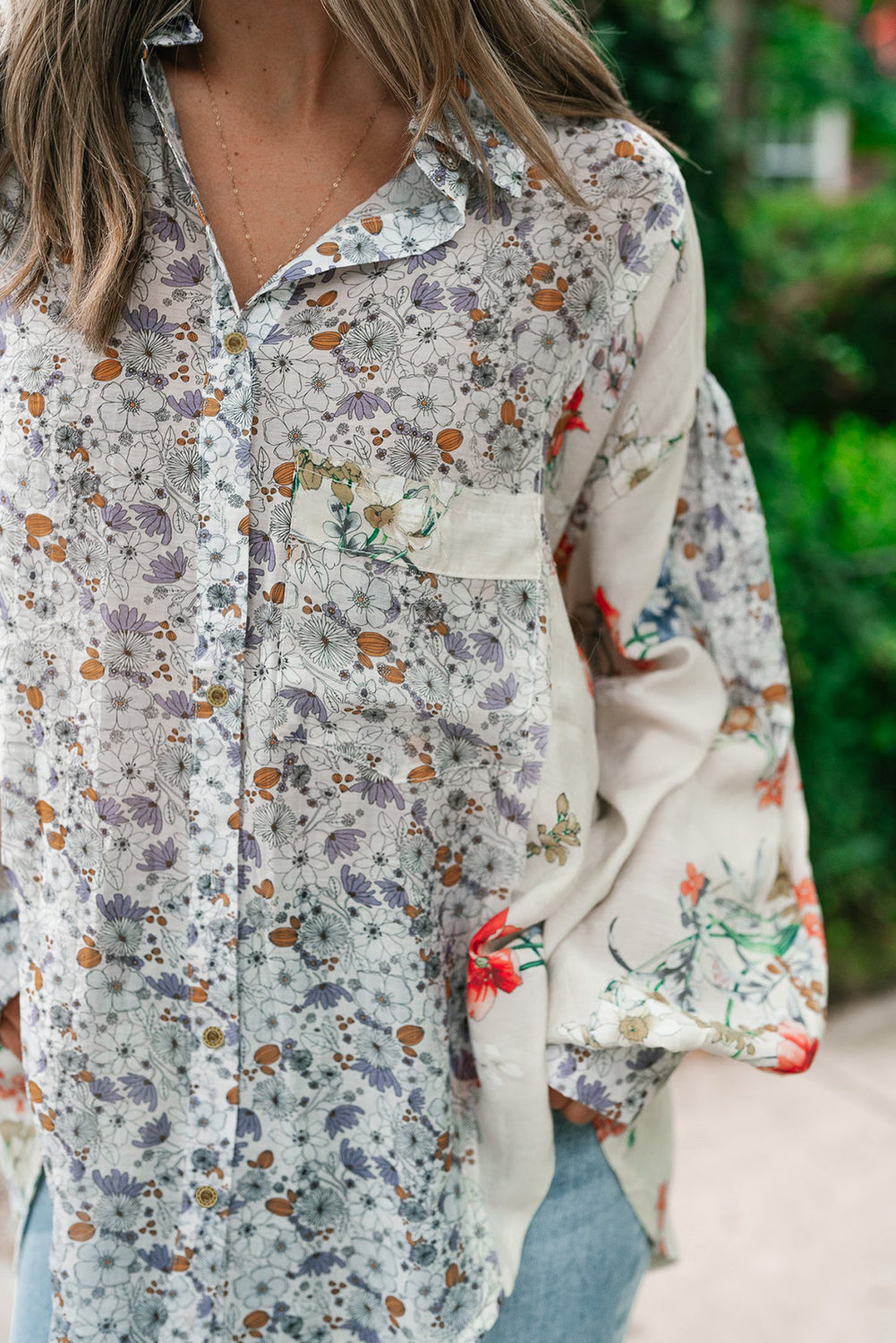 Chemise ample boutonnée à manches évêque florales Boho violettes