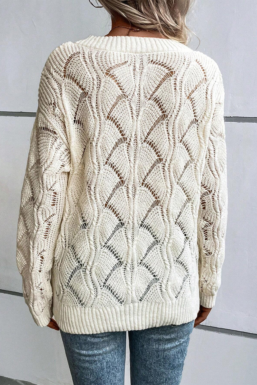 Beige sweater in openwork knit in v * collar