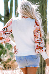 White sweater with bishop sleeves and floral patch