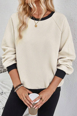 Jet Stream Textured Crew Neck Raglan Sleeve Top with Color Block Edges