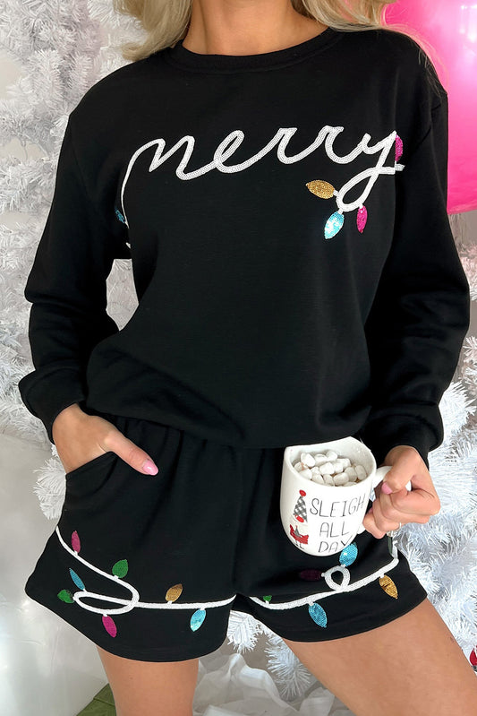 Merry Graphic Black Sequin Sweater and Shorts Outfit