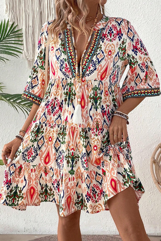 Multicolor bohemian print mini dress, V-neck, bracelet sleeves