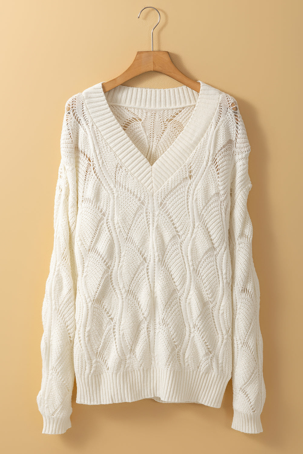 Beige sweater in openwork knit in v * collar