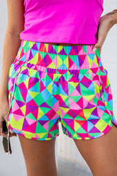 Short de sport taille haute géométrique multicolore