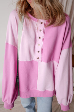 Henley High Low Pink Color Block Oversized Sweatshirt