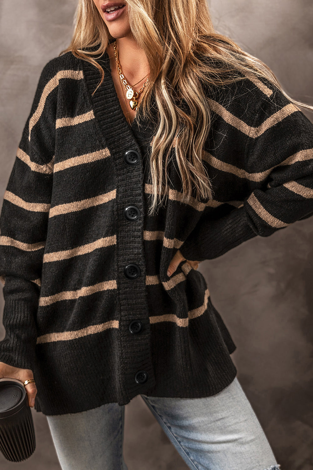 Black Striped Buttoned V-Neck Drop Shoulder Loose Cardigan