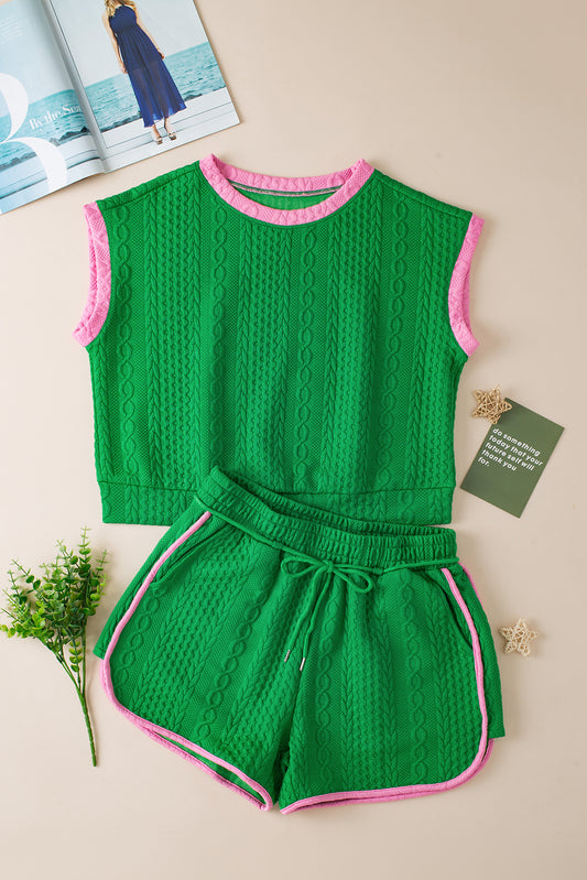 Grüne Kontrastverkabelung Kabel Textured Shorts Set Set