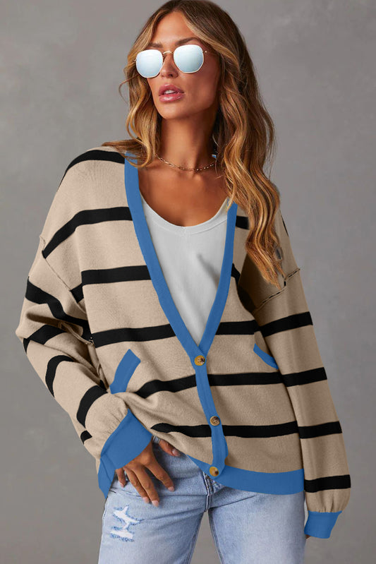 Cardigan sciolto di spalla a goccia colorblock bianco abbottonato