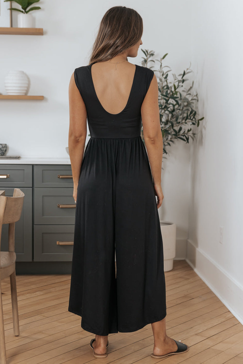 Schwarz Open Back Wide Bein Jumpsuit