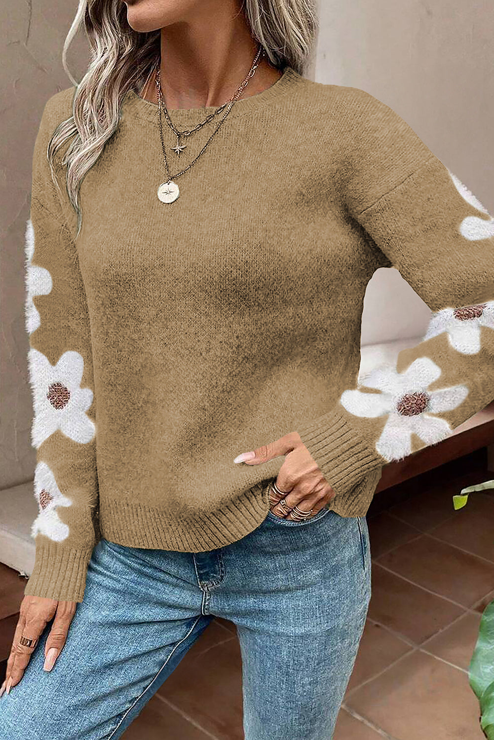 Jet Stream - Floral Sleeve Drop Shoulder Sweater