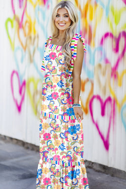 Vestido floral largo con correas para ser anudadas y rojas rosas rosa