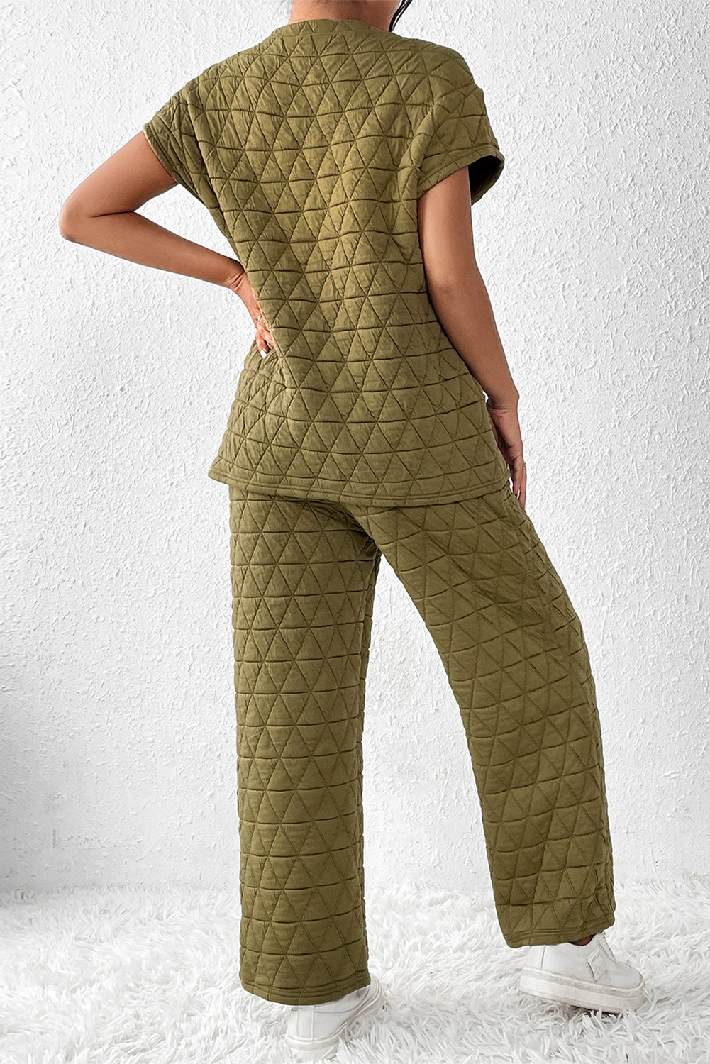 Sage green quilted short sleeve wide leg pants set