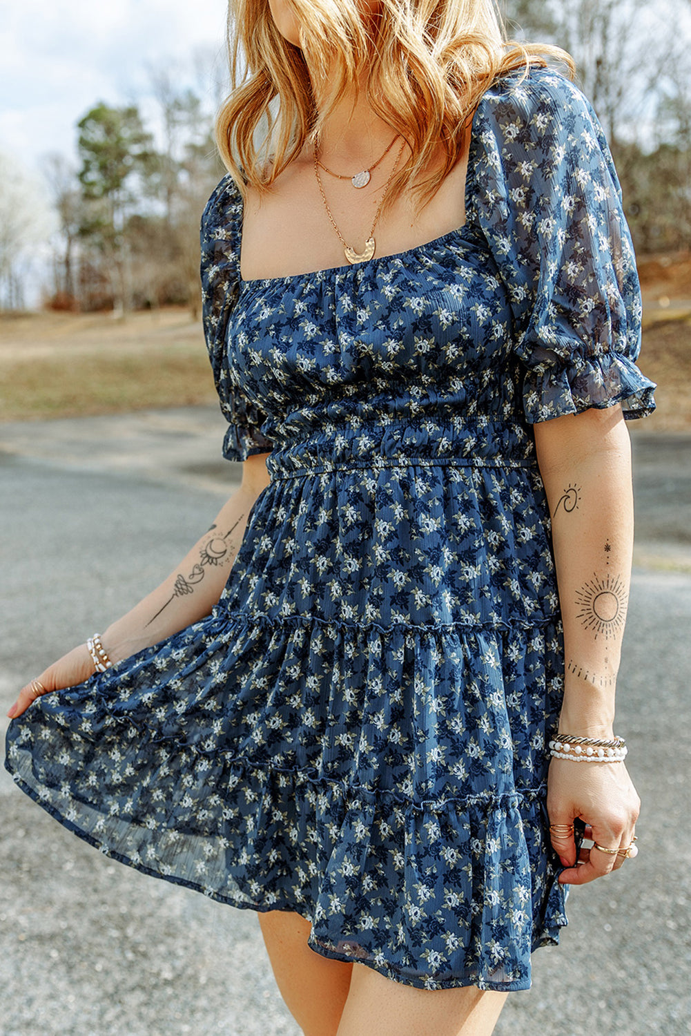 Sail Blue Floral Smocked Tiered Ruffle Short Dress