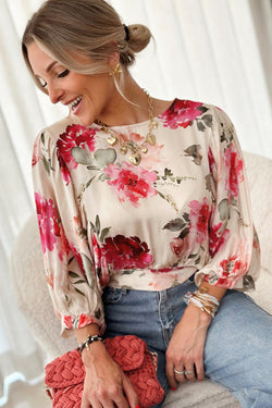 Rose flower blouse with 3/4 sleeves and laces back