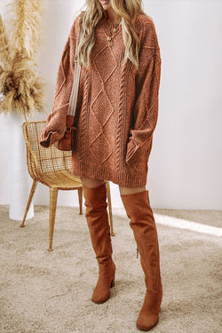 Large knitted knitting sweater dress with drooping shoulder coffee