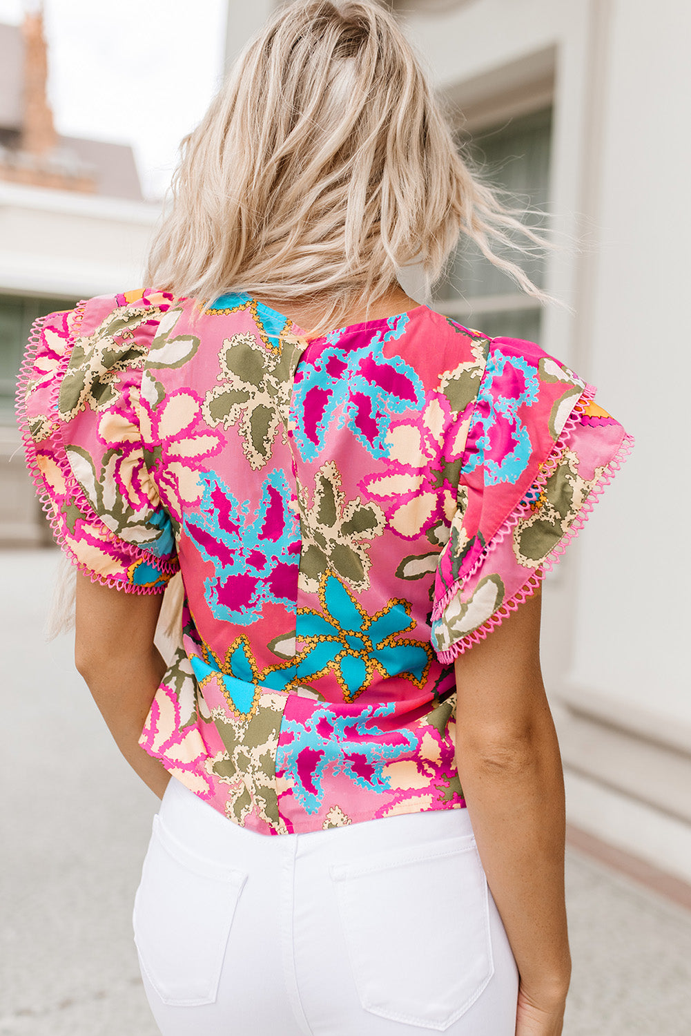 Blusa de manga de volante con estampado floral multicolor vibrante