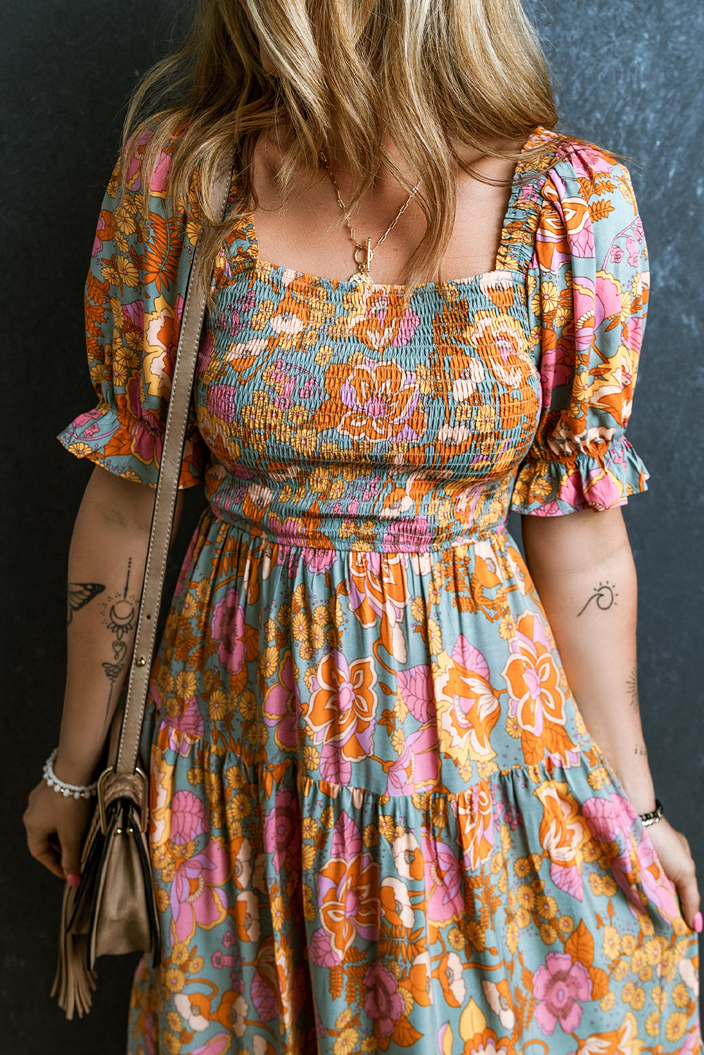 Yellow floral dress with smocked bodice, high waist, puff sleeves