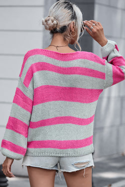 Loose fit color block knit sweater with pink stripes and v-neck