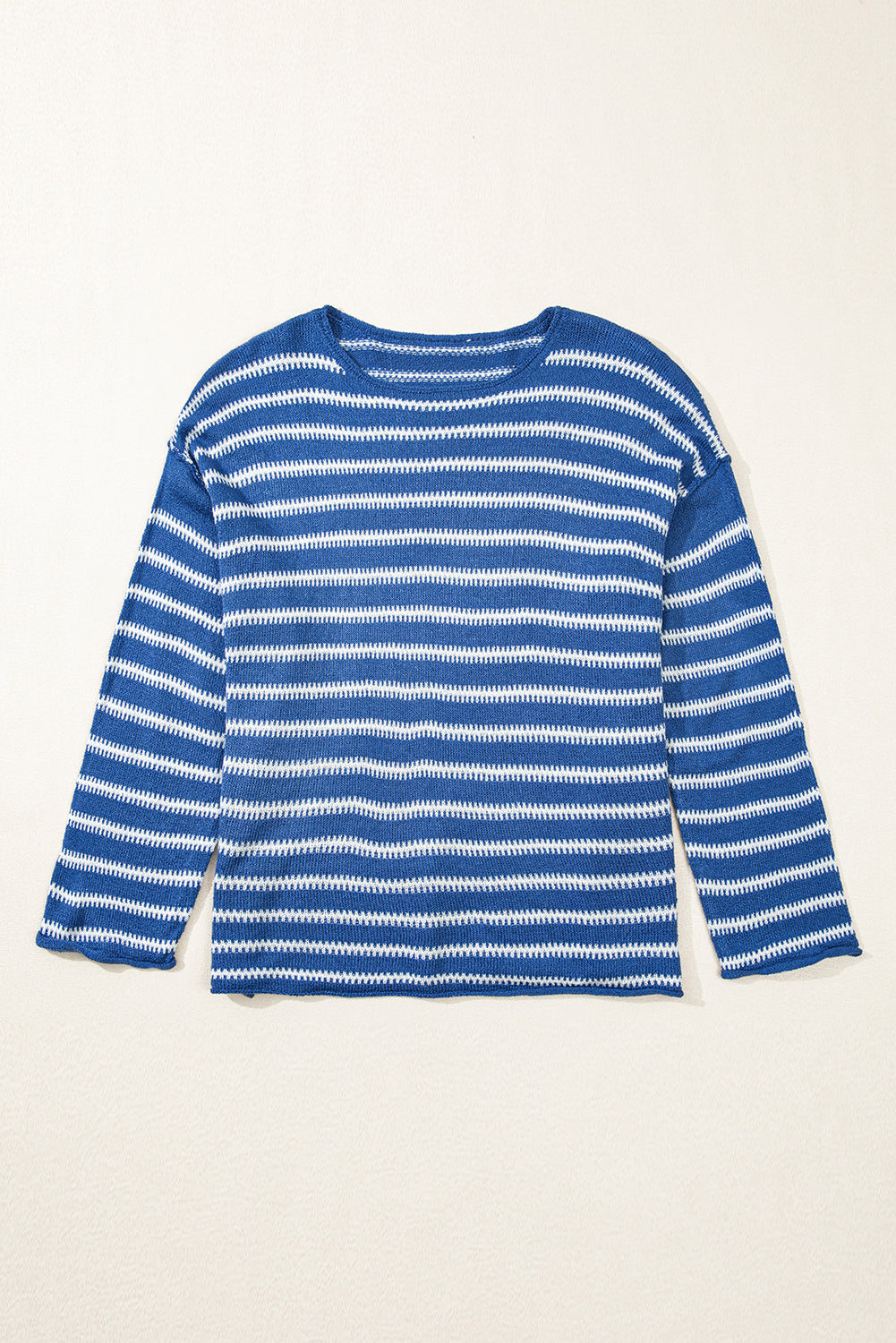 Sky blue striped sweater with dropped shoulders, round neck, plus size