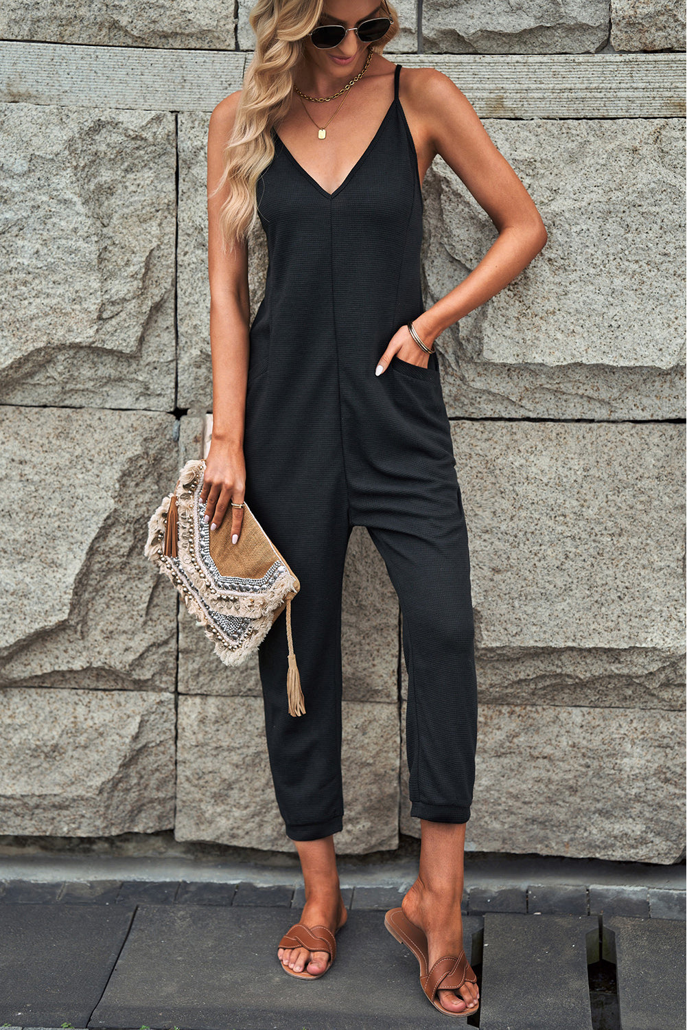 Black V-Neck Sleeveless Textured Casual Jumpsuit with Pockets