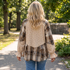 Veste-chemise beige à patchwork floral et manches volantées