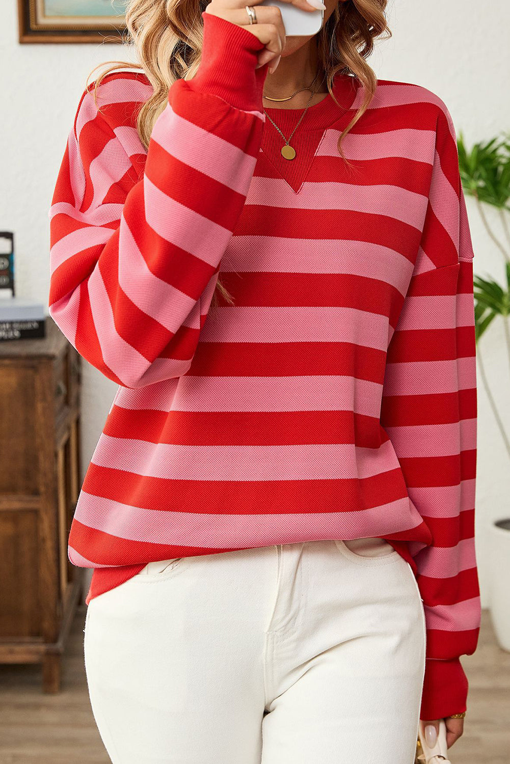 Red Stripe Long Sleeve Round Neck Drop Shoulder Top