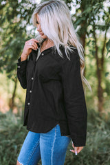 Chemise à manches longues texturée noire avec poche boutonnée-A WOMAN WE LOVE