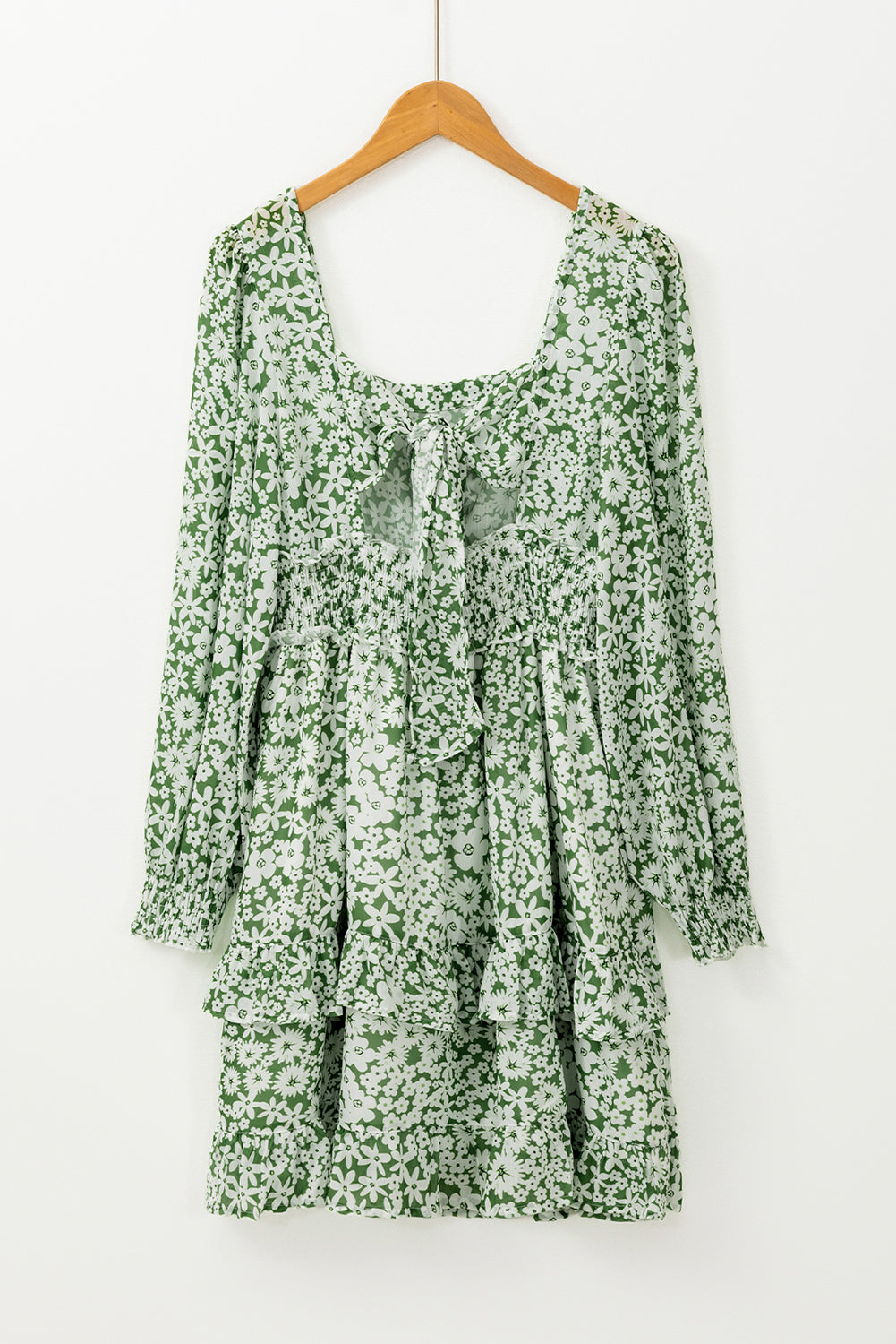 Floral Print Square Neck Ruched Waist Tiered Ruffle Mini Dress Green