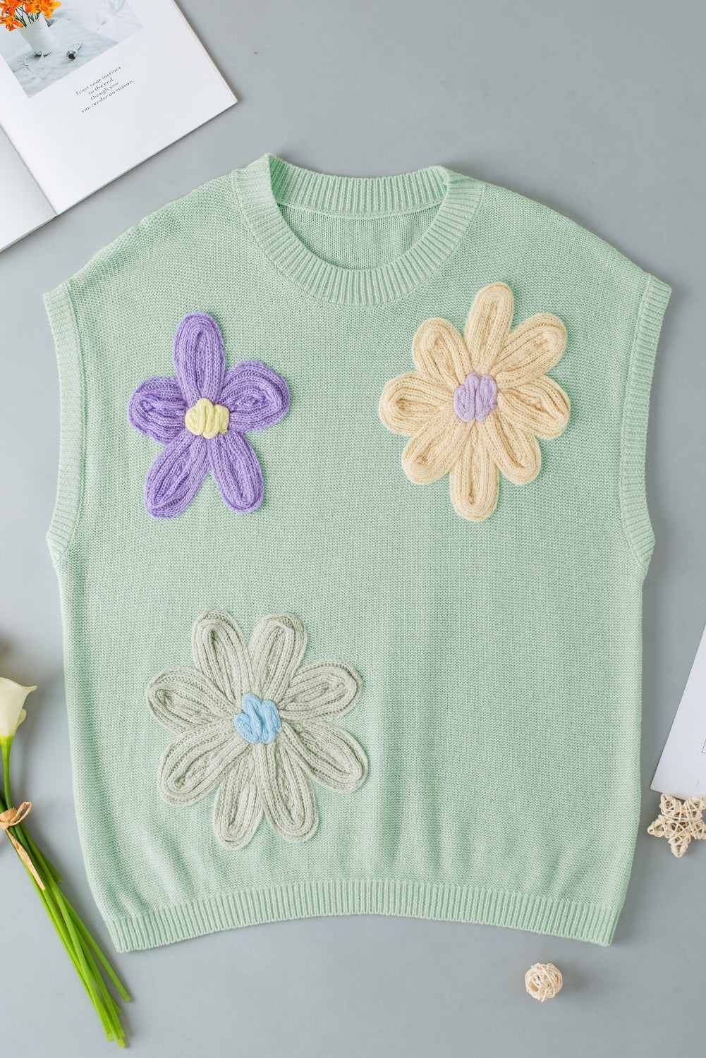 Moonlight Jade Multi Häket Blume Strick kurz Ärmelpullover Top