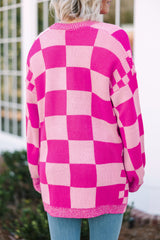Cardigan ouvert sur le devant à bordure côtelée imprimé à carreaux rouge rose-A WOMAN WE LOVE