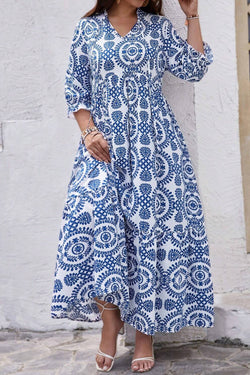 Robe longue à lacets à imprimé géométrique et col cranté, grande taille, bleu ciel