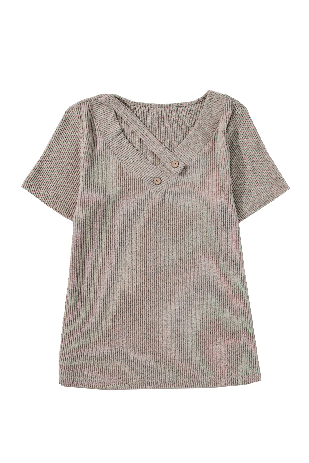 Pale Khaki Ribbed Buttoned Strappy V Neck Tee