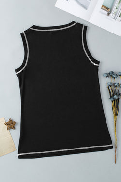 Black sleeveless round with round neck and contrasting seams