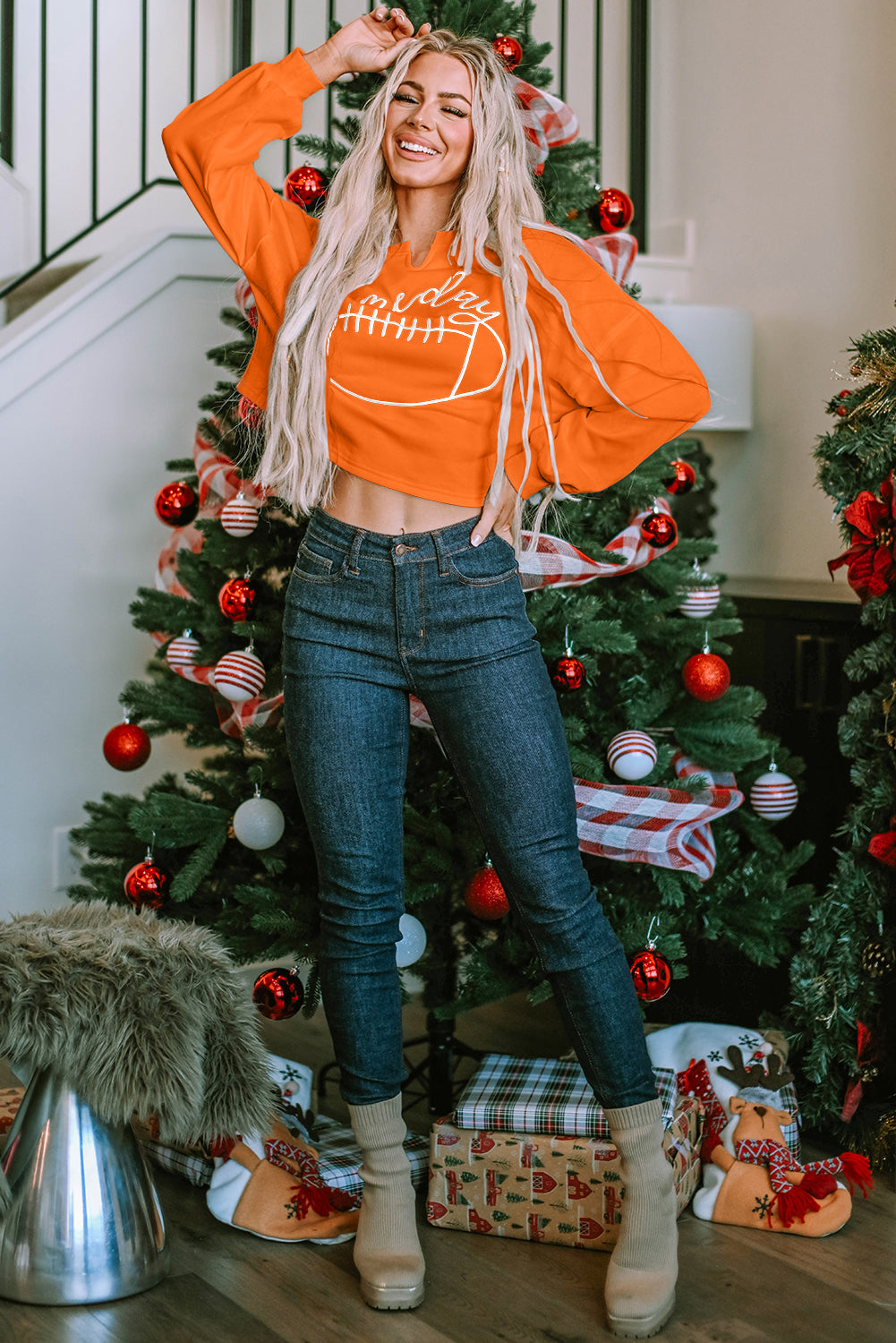 Sweat-shirt orange à col cranté avec inscription « Game Day » Rugby Football