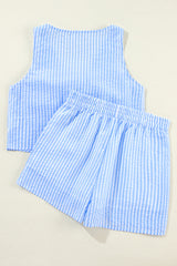 Ensemble débardeur court et short à rayures bleu ciel avec nœud papillon-A WOMAN WE LOVE