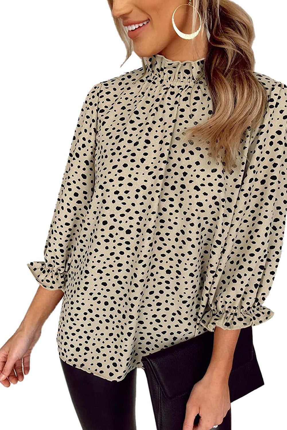 Cuello con volantes de color caqui 3/4 mangas gueparla blusa