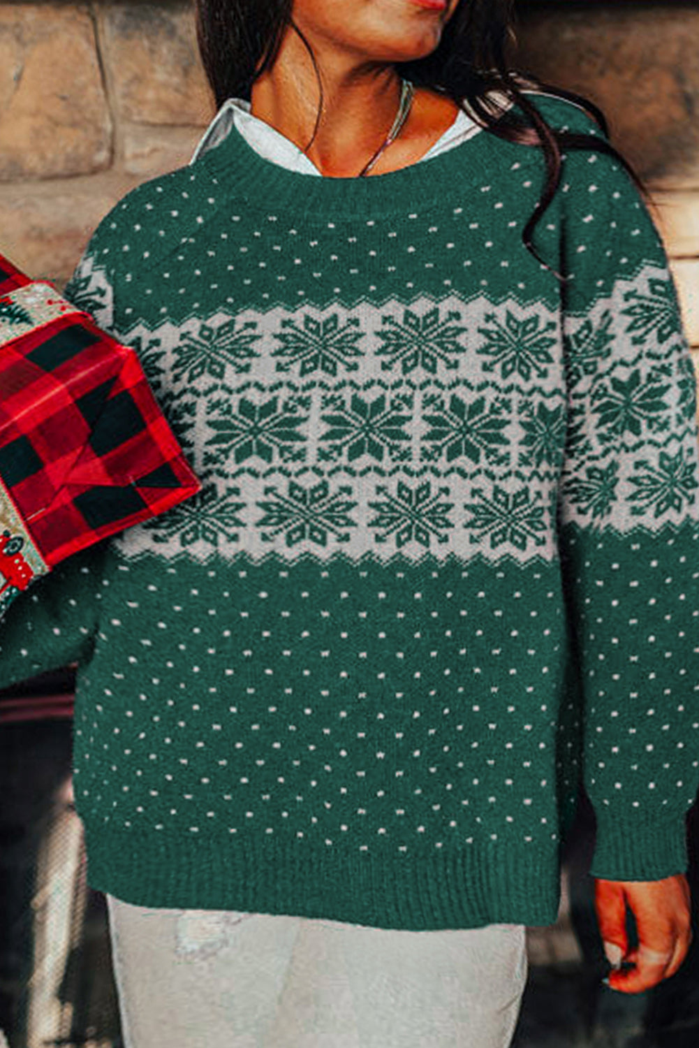 Pull de Noël vert à motif de flocon de neige et épaules tombantes, grande taille