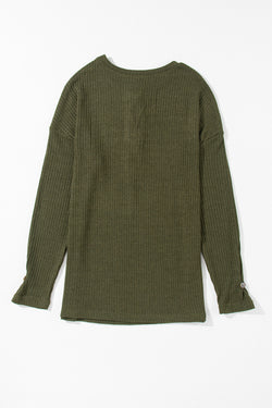 Jungle Green Ribbed Textured Henley Knit Top