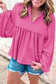 Babydoll bright pink blouse in V -neck and bubble sleeves