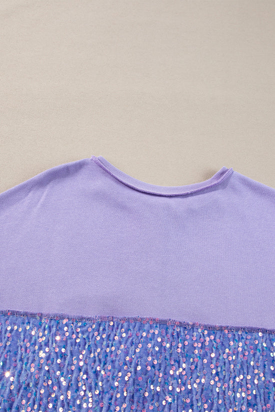 Lilac Sequin Henley Sweatshirt with High Low Hem