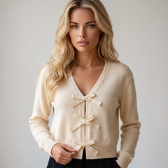Jet stream cardigan ample knitted with butterfly knot on the front and v -neck