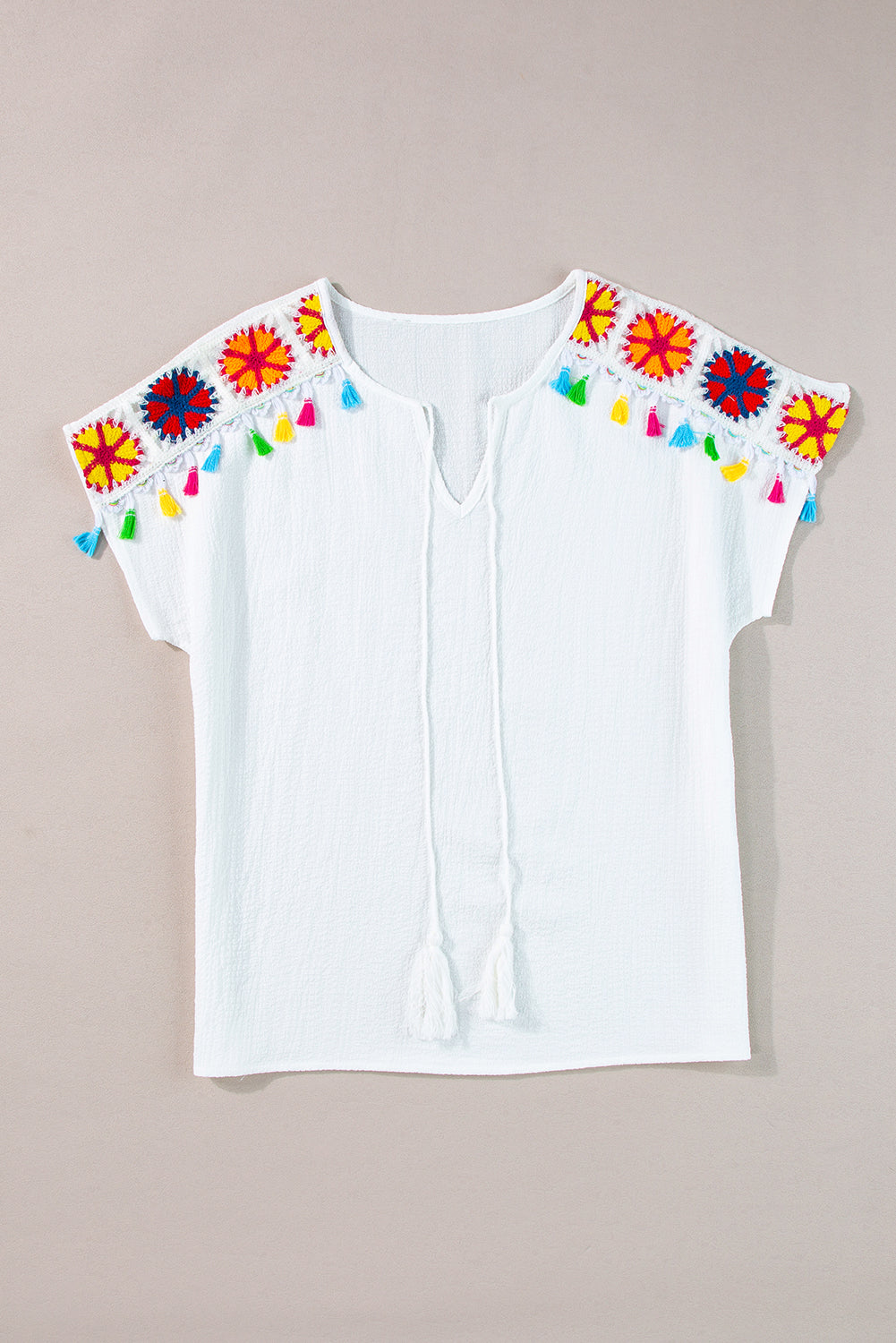 Patchwork bianco a maglia patchwork testurizzata a V blusa