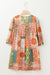 Orange Paisley Bohemian Style Mixed Print 3/4 Sleeve Loose Chiffon Dress