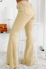 Khaki flared jeans with raw edges, medium size